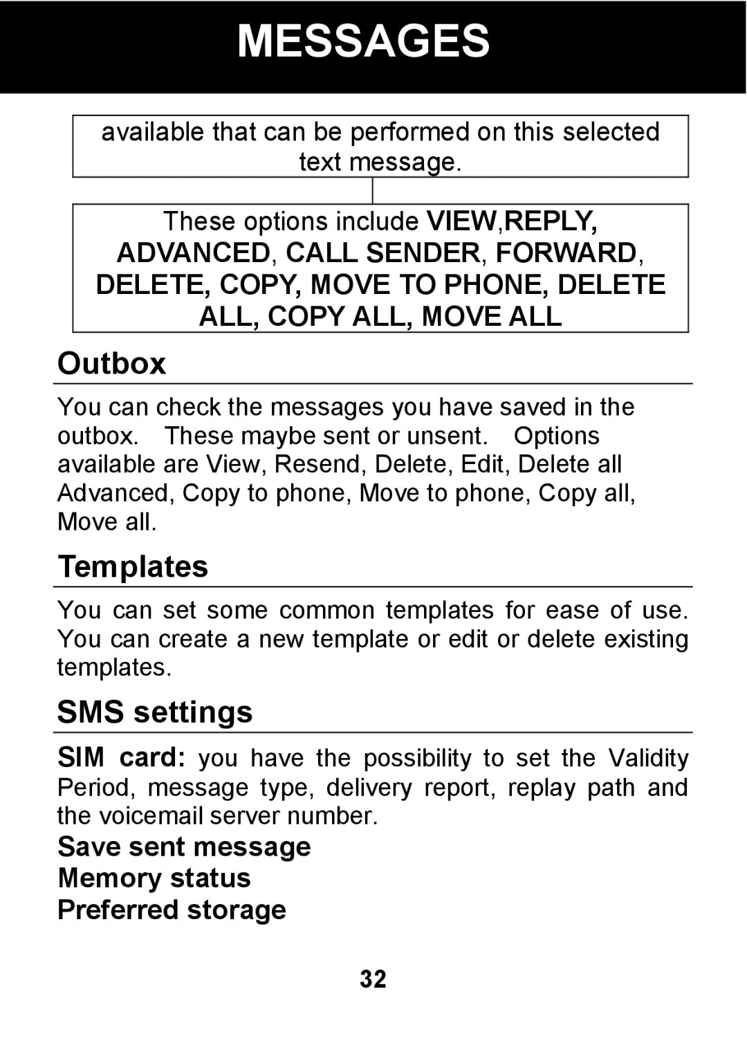 Pal/Pax PAL101 manual Outbox, Templates, SMS settings, Save sent message Memory status Preferred storage 