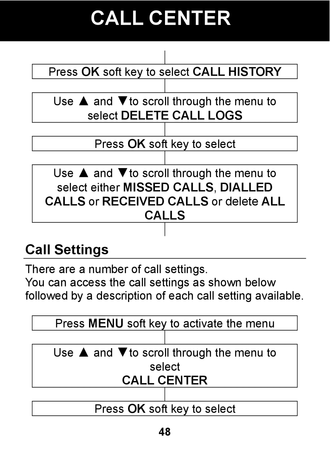 Pal/Pax PAL101 manual Call Settings, Select Delete Call Logs, Calls 