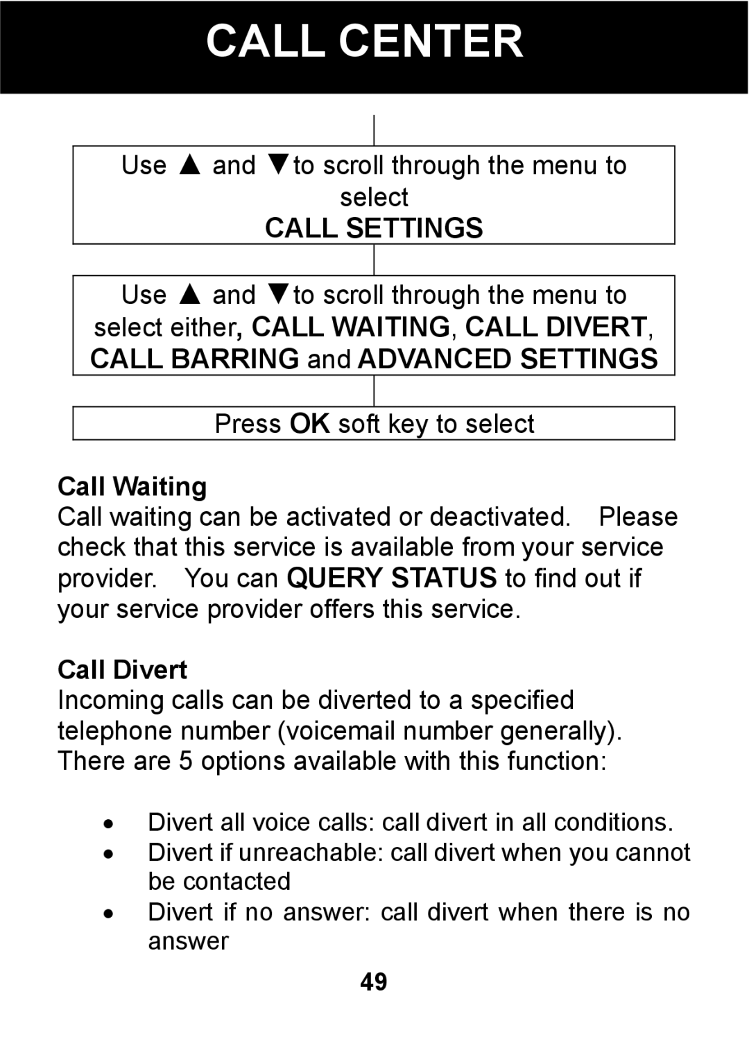 Pal/Pax PAL101 manual Call Settings, Call Waiting, Call Divert 