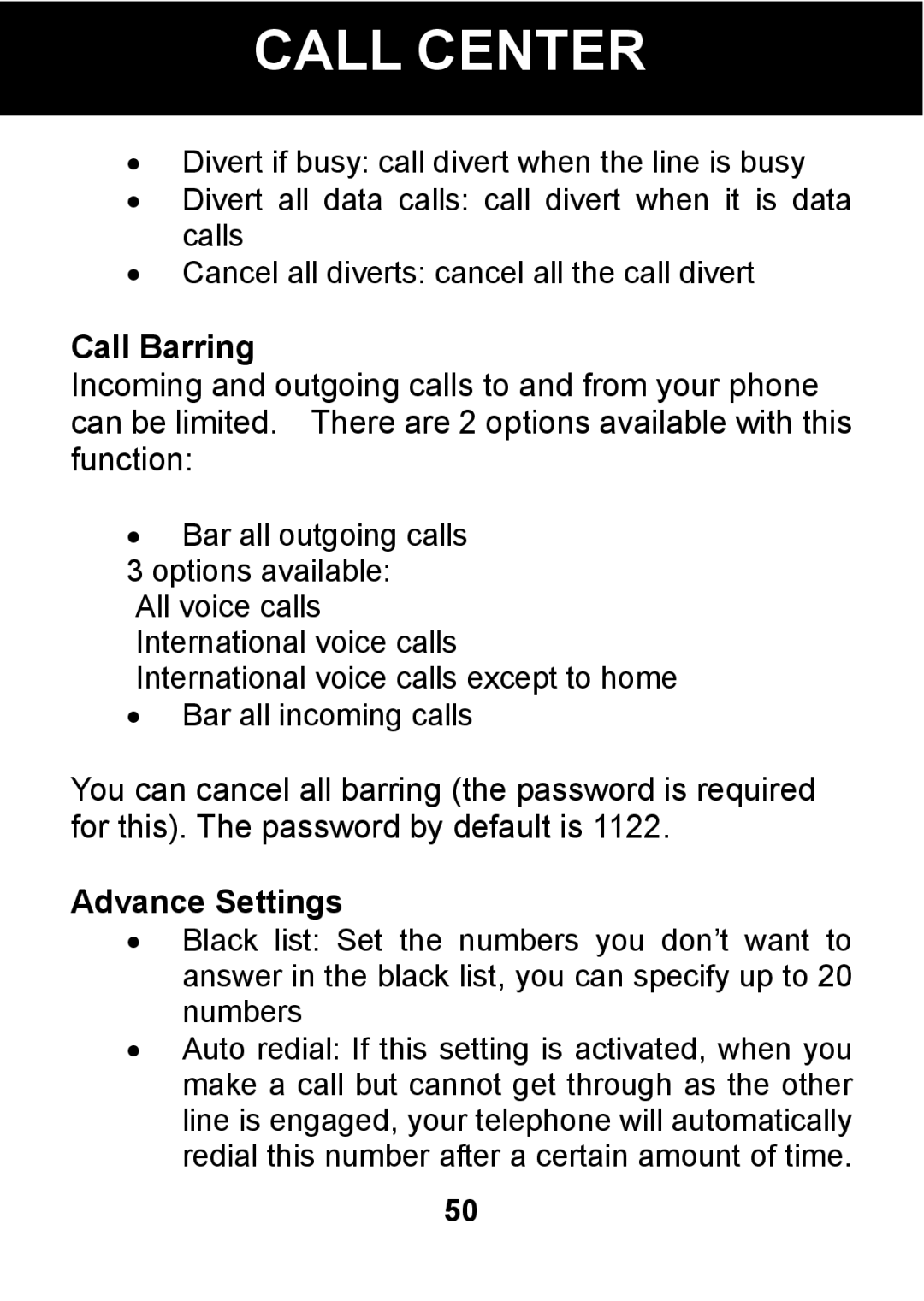 Pal/Pax PAL101 manual Call Barring, Advance Settings 