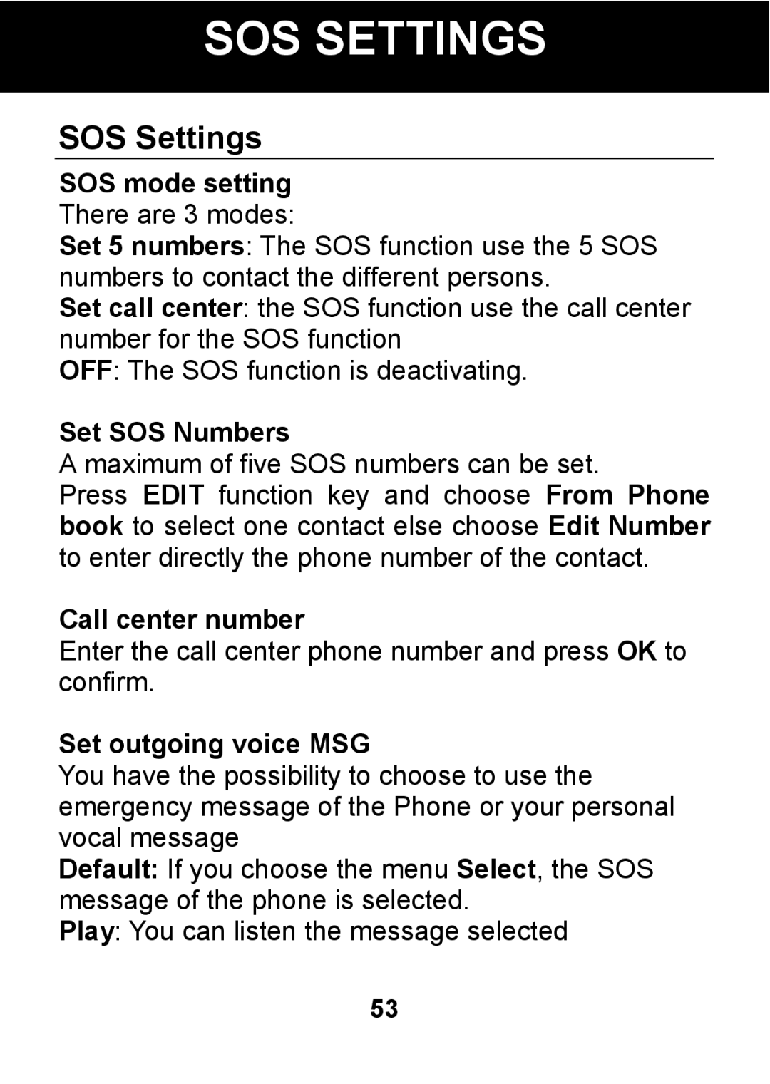 Pal/Pax PAL101 manual SOS Settings, SOS mode setting There are 3 modes, Set SOS Numbers, Call center number 