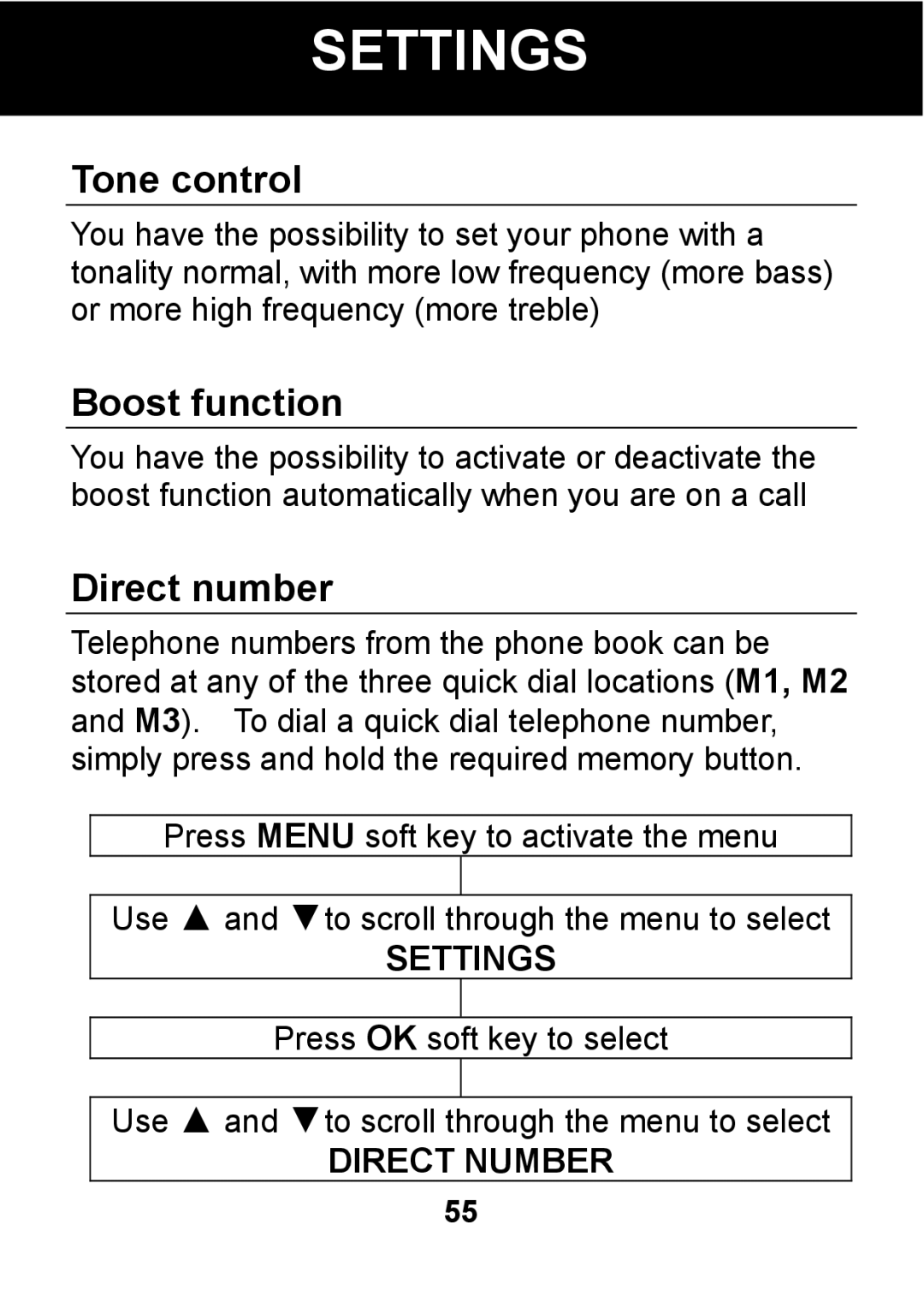 Pal/Pax PAL101 manual Settings, Tone control, Boost function, Direct number 