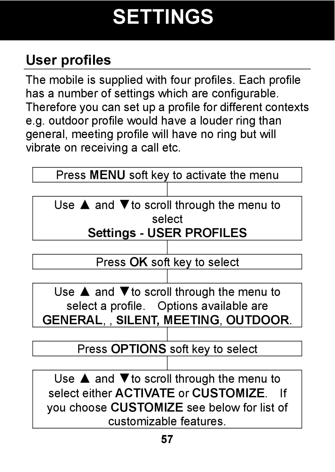 Pal/Pax PAL101 manual User profiles, Settings User Profiles, GENERAL, , SILENT, MEETING, Outdoor 