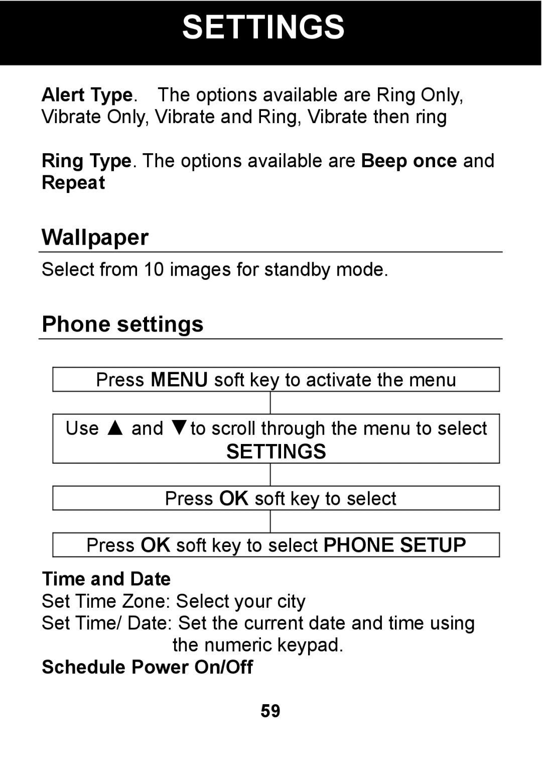 Pal/Pax PAL101 manual Wallpaper, Phone settings, Repeat, Time and Date, Schedule Power On/Off 