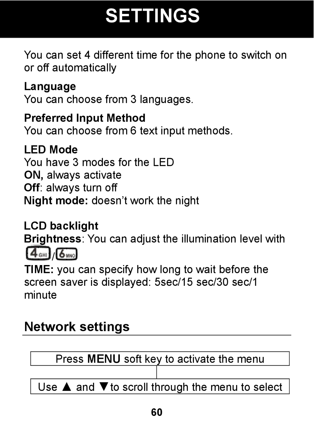 Pal/Pax PAL101 manual Network settings, Language, Preferred Input Method, LED Mode, LCD backlight 