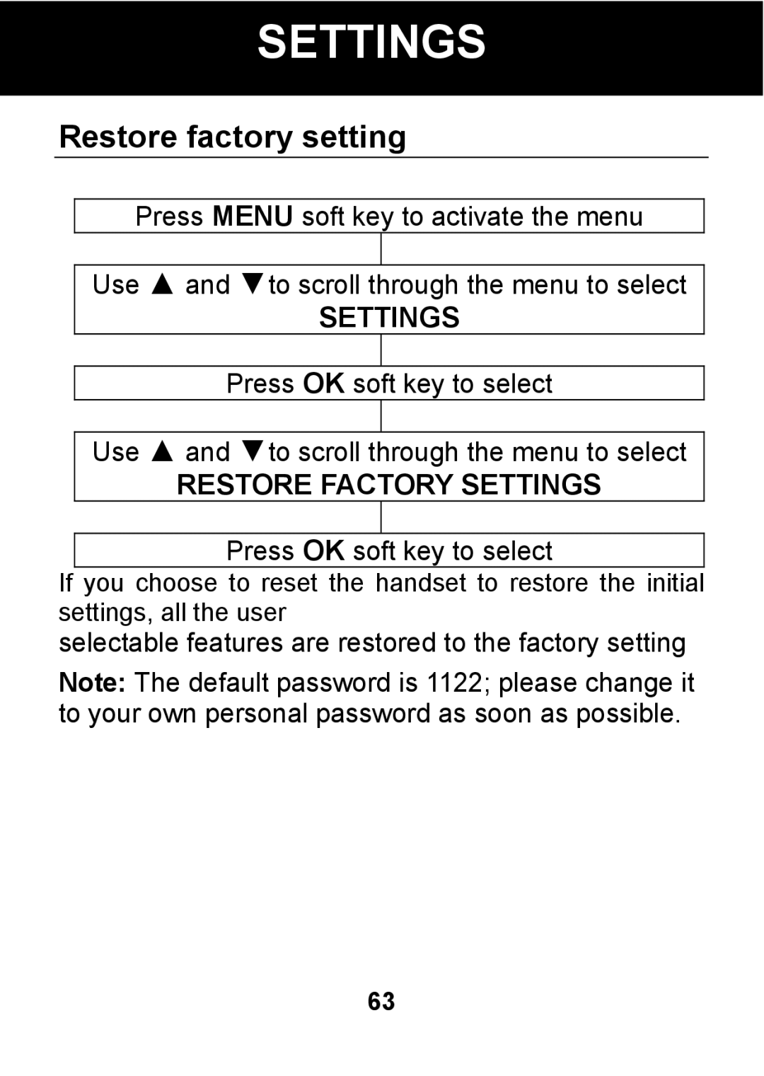 Pal/Pax PAL101 manual Restore factory setting, Restore Factory Settings 