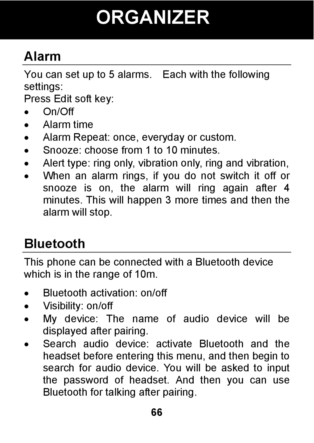 Pal/Pax PAL101 manual Alarm, Bluetooth 