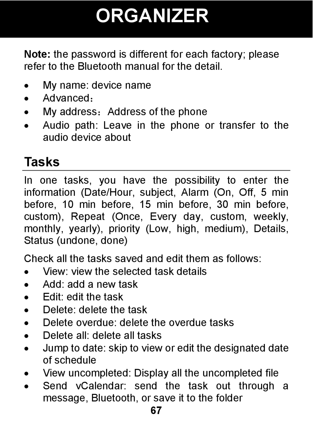 Pal/Pax PAL101 manual Tasks 