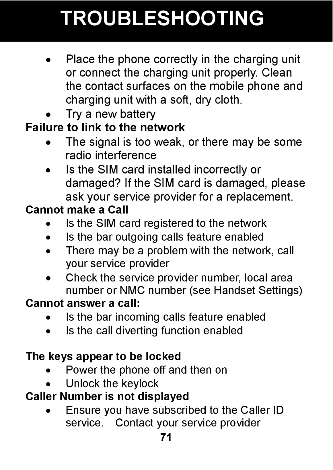 Pal/Pax PAL101 manual Failure to link to the network, Cannot make a Call 