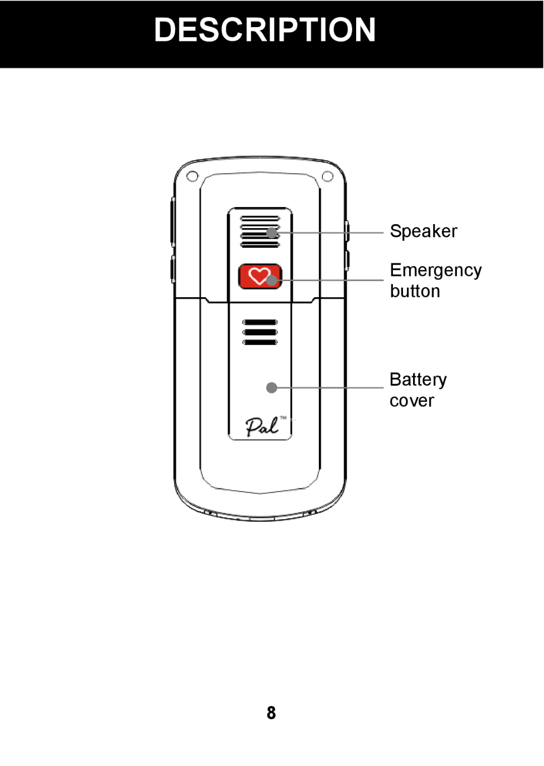 Pal/Pax PAL101 manual Speaker Emergency button Battery cover 