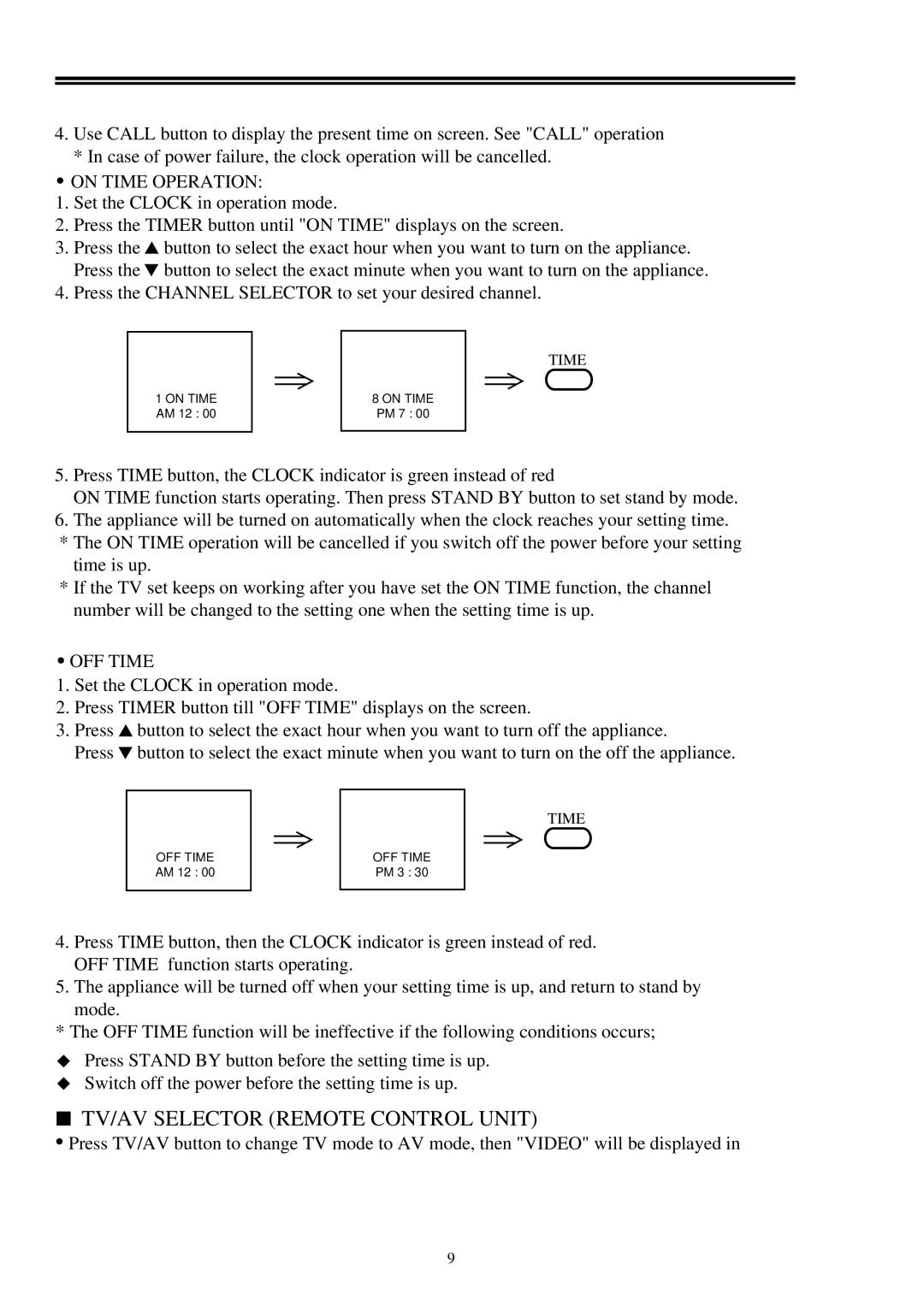 Palsonic 2418 owner manual TV/AV Selector Remote Control Unit, On Time Operation, OFF Time 