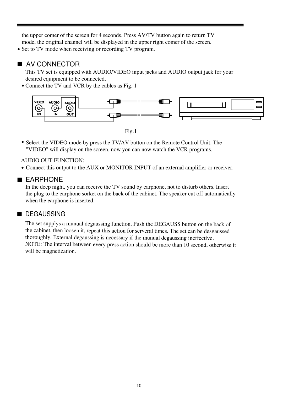 Palsonic 2418 owner manual AV Connector, Earphone, Degaussing, Audio OUT Function 