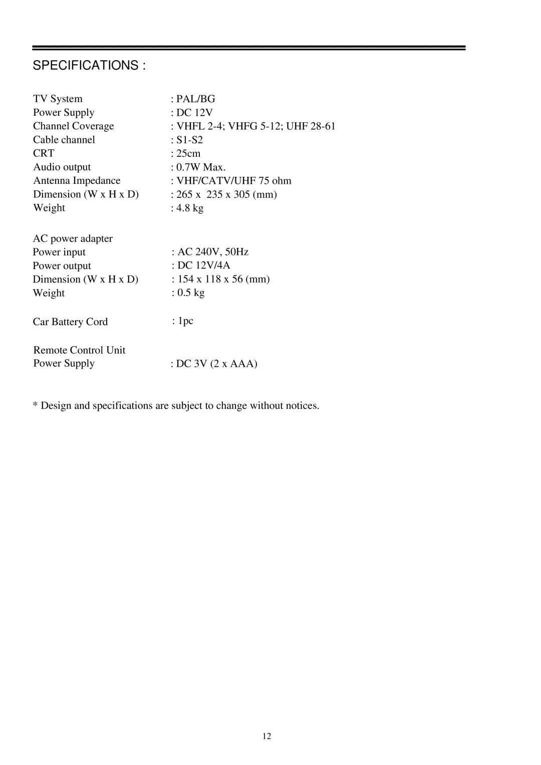 Palsonic 2418 owner manual Specifications, Pal/Bg, Crt 