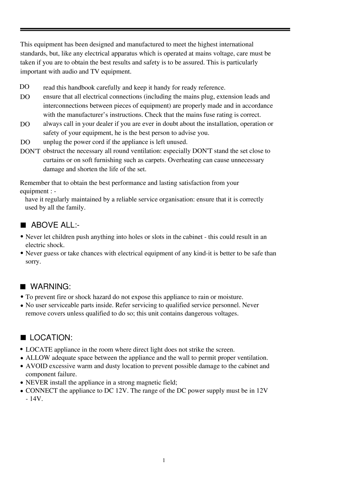 Palsonic 2418 owner manual Above ALL, Location 