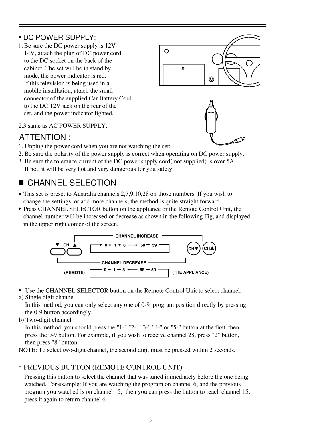 Palsonic 2418 owner manual DC Power Supply, Previous Button Remote Control Unit 