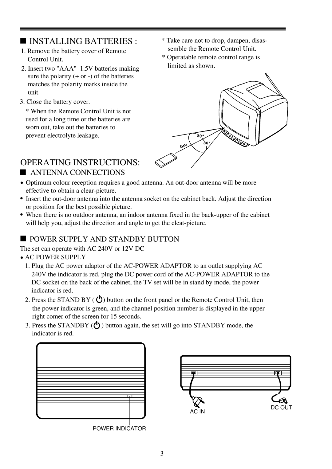 Palsonic 2418 Antenna Connections, Power Supply And Standby Button, Installing Batteries, Operating Instructions 