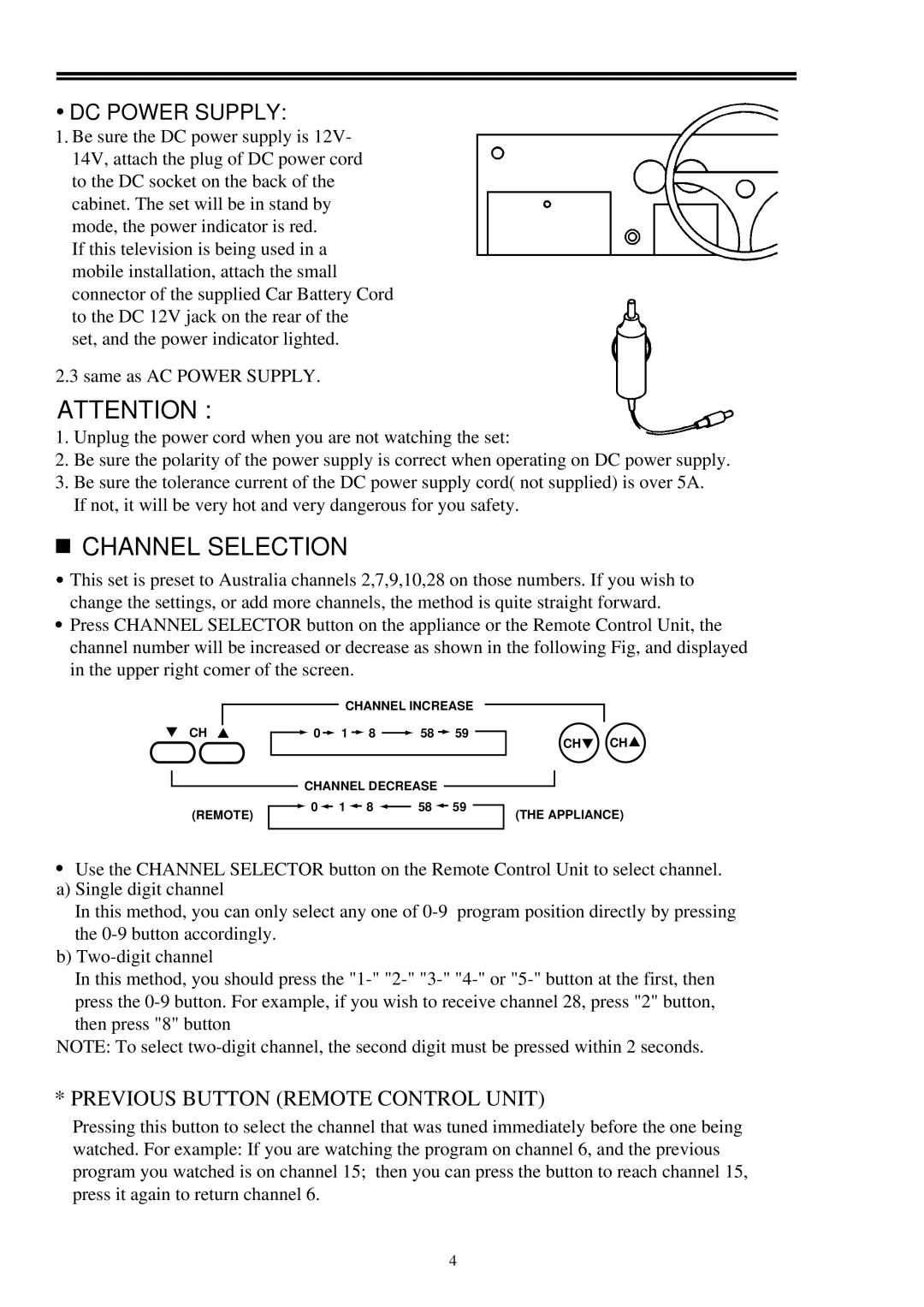 Palsonic 2418 owner manual Channel Selection, Dc Power Supply, Previous Button Remote Control Unit 