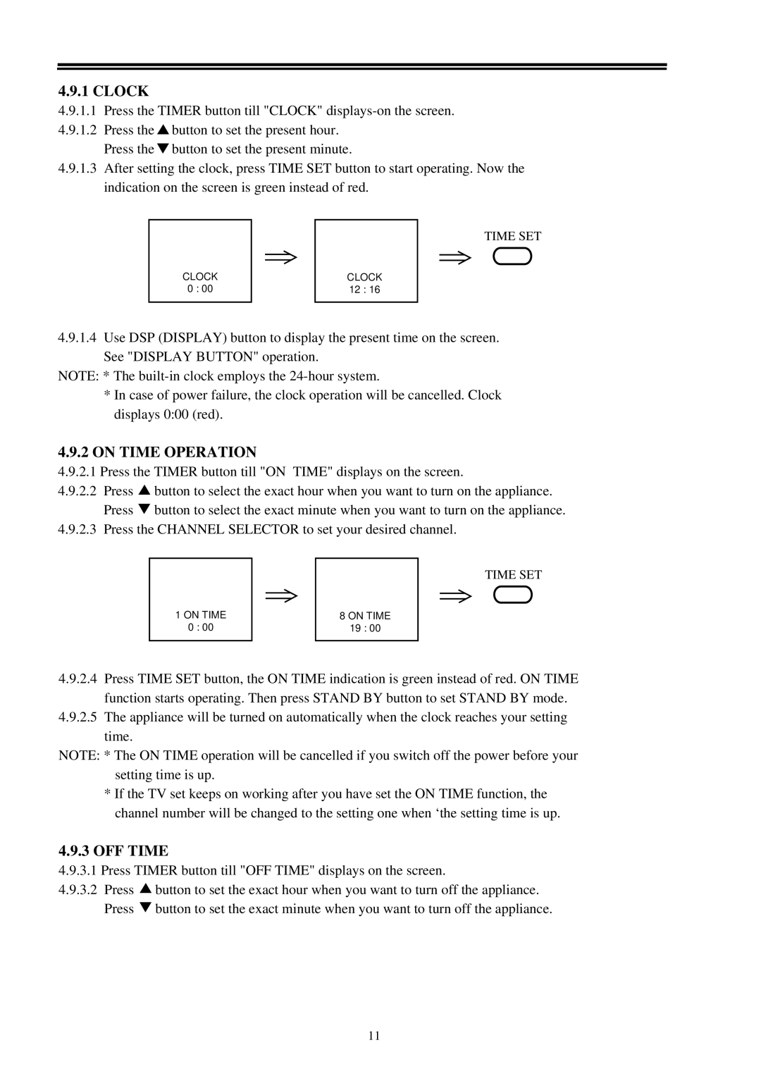 Palsonic 3400 owner manual Clock, On Time Operation 