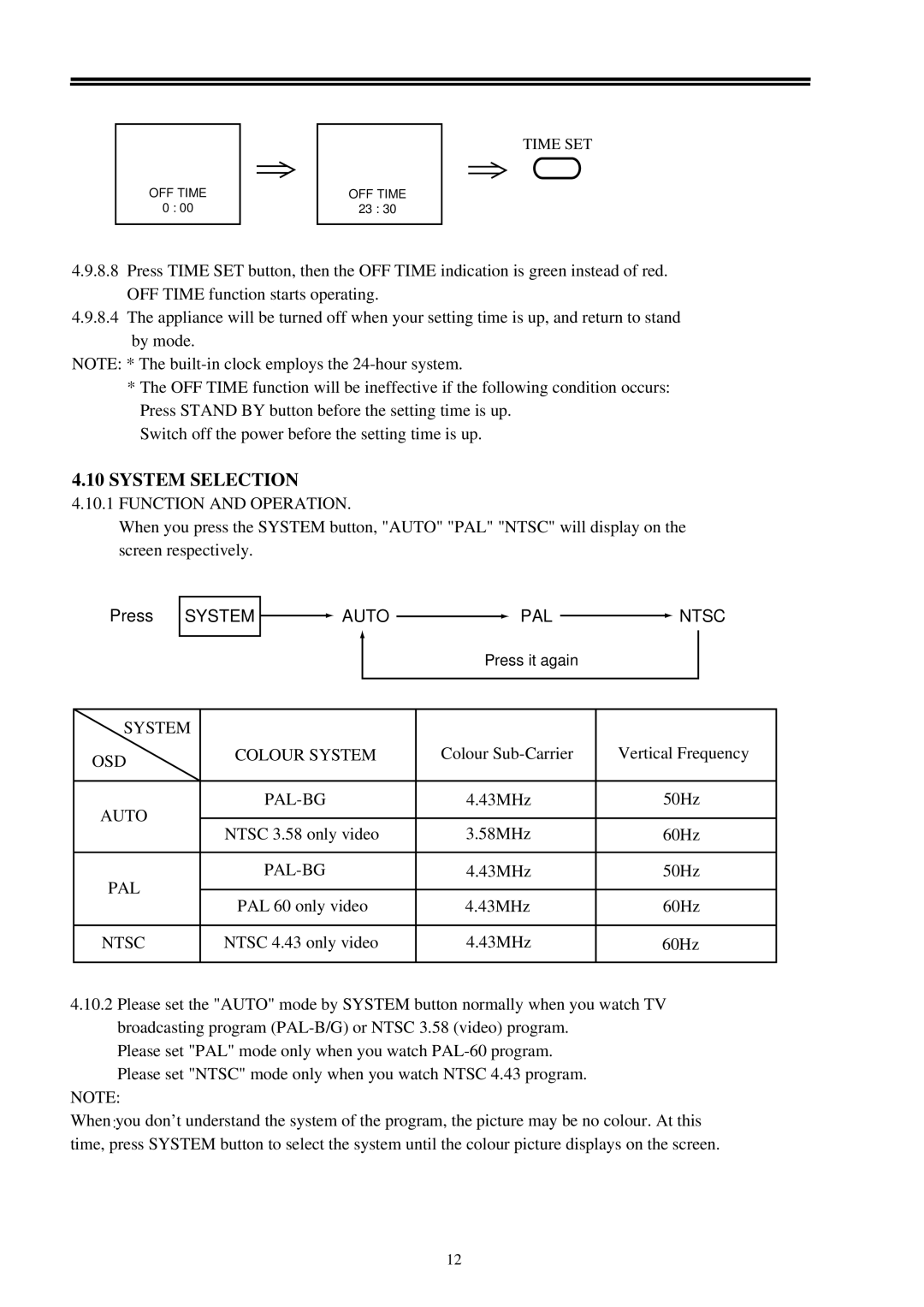 Palsonic 3400 owner manual System Selection, Function and Operation, System OSD Colour System, Pal-Bg, Ntsc 