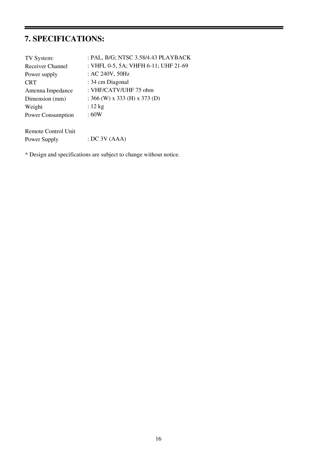 Palsonic 3400 owner manual Specifications, Crt 