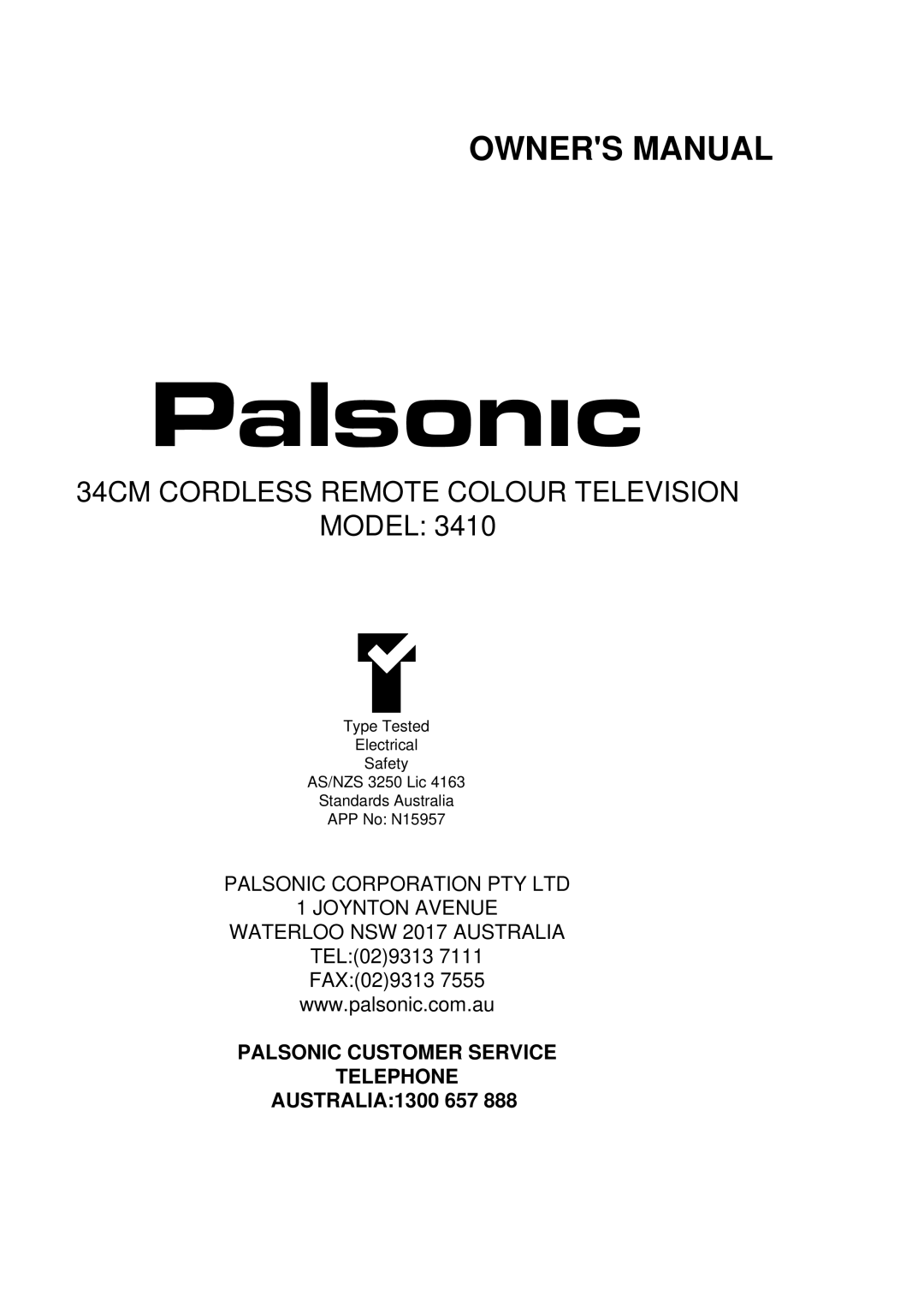 Palsonic 3410 owner manual 34CM Cordless Remote Colour Television 