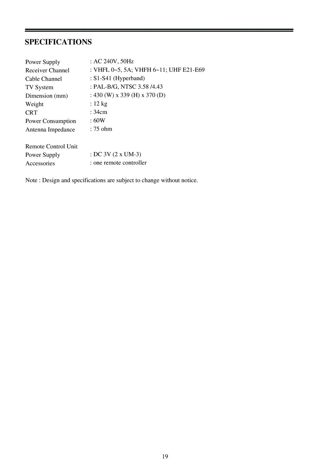 Palsonic 3410 owner manual Specifications 