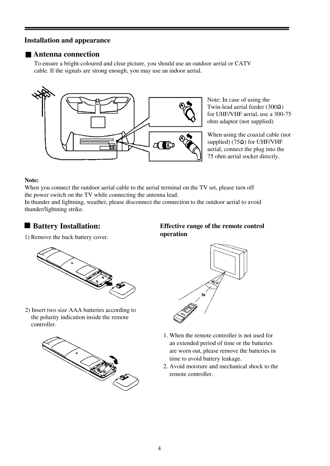 Palsonic 3410 owner manual Antenna connection, Effective range of the remote control operation 