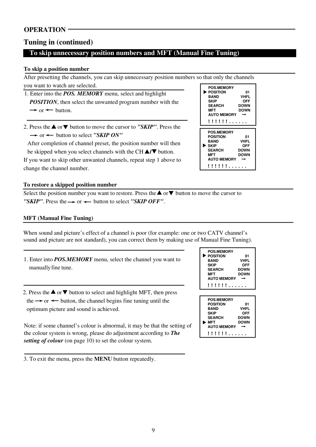 Palsonic 3410P owner manual To skip a position number, To restore a skipped position number, MFT Manual Fine Tuning 