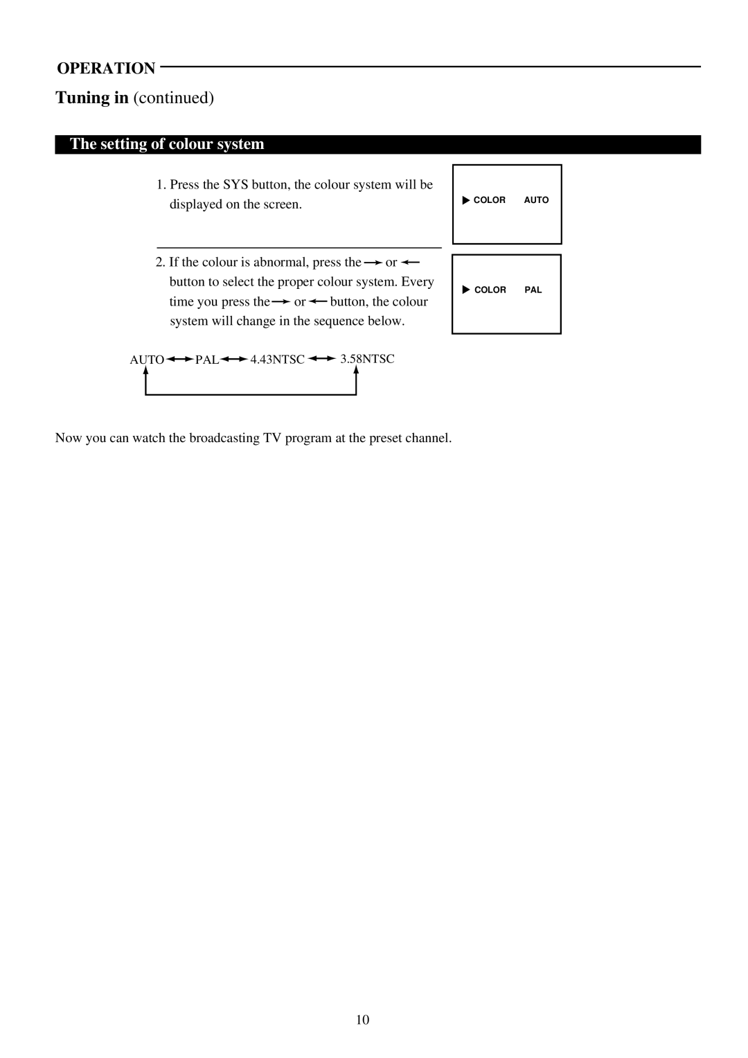 Palsonic 3410P owner manual Tuning, Setting of colour system 