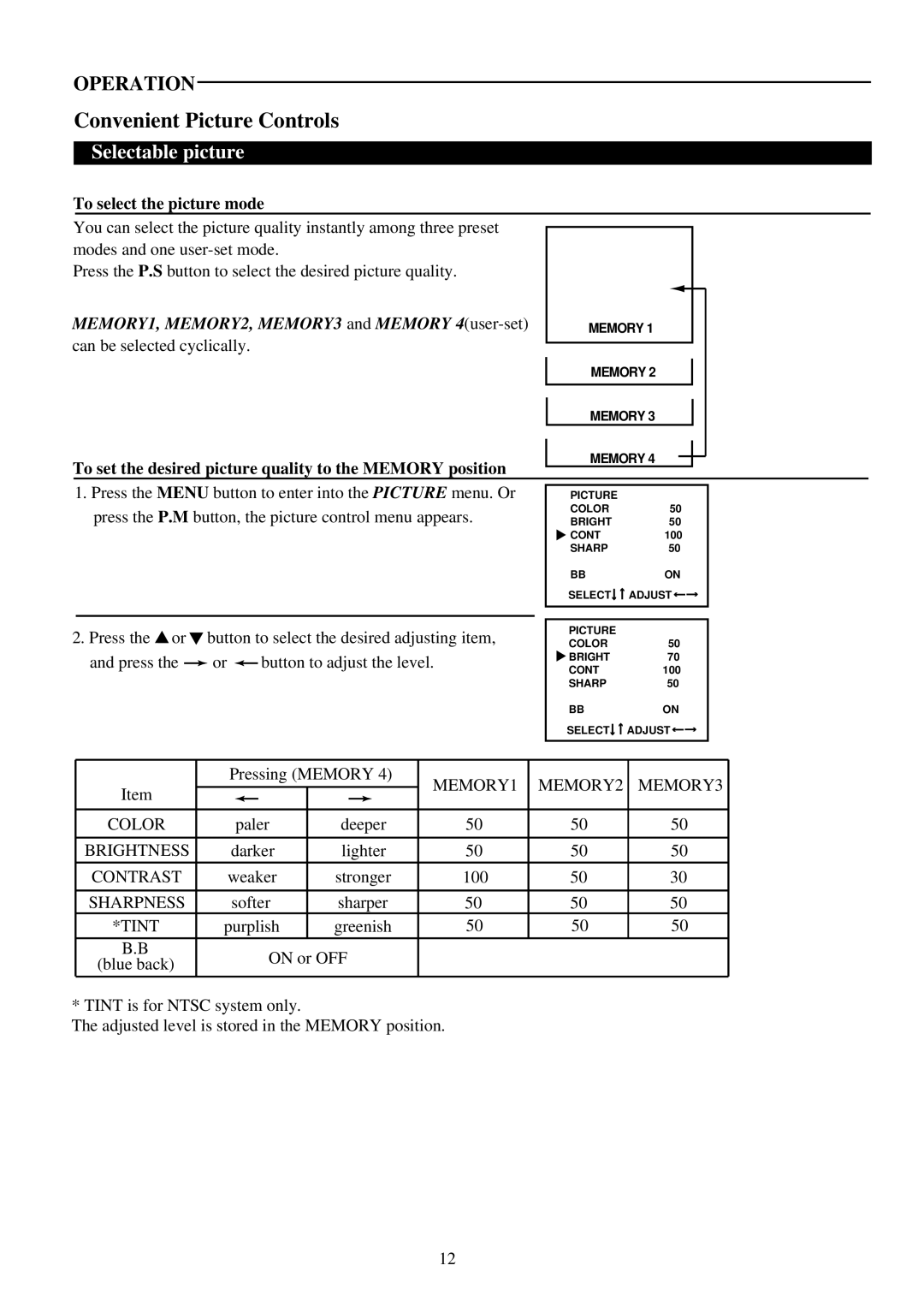 Palsonic 3410P owner manual Convenient Picture Controls, Selectable picture, To select the picture mode 