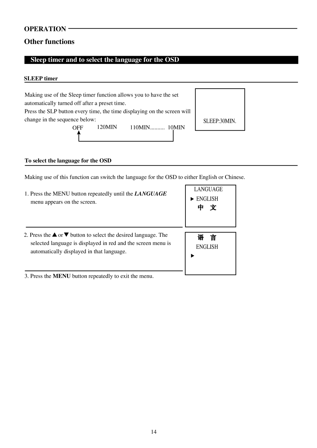 Palsonic 3410P Other functions, Sleep timer and to select the language for the OSD, To select the language for the OSD 