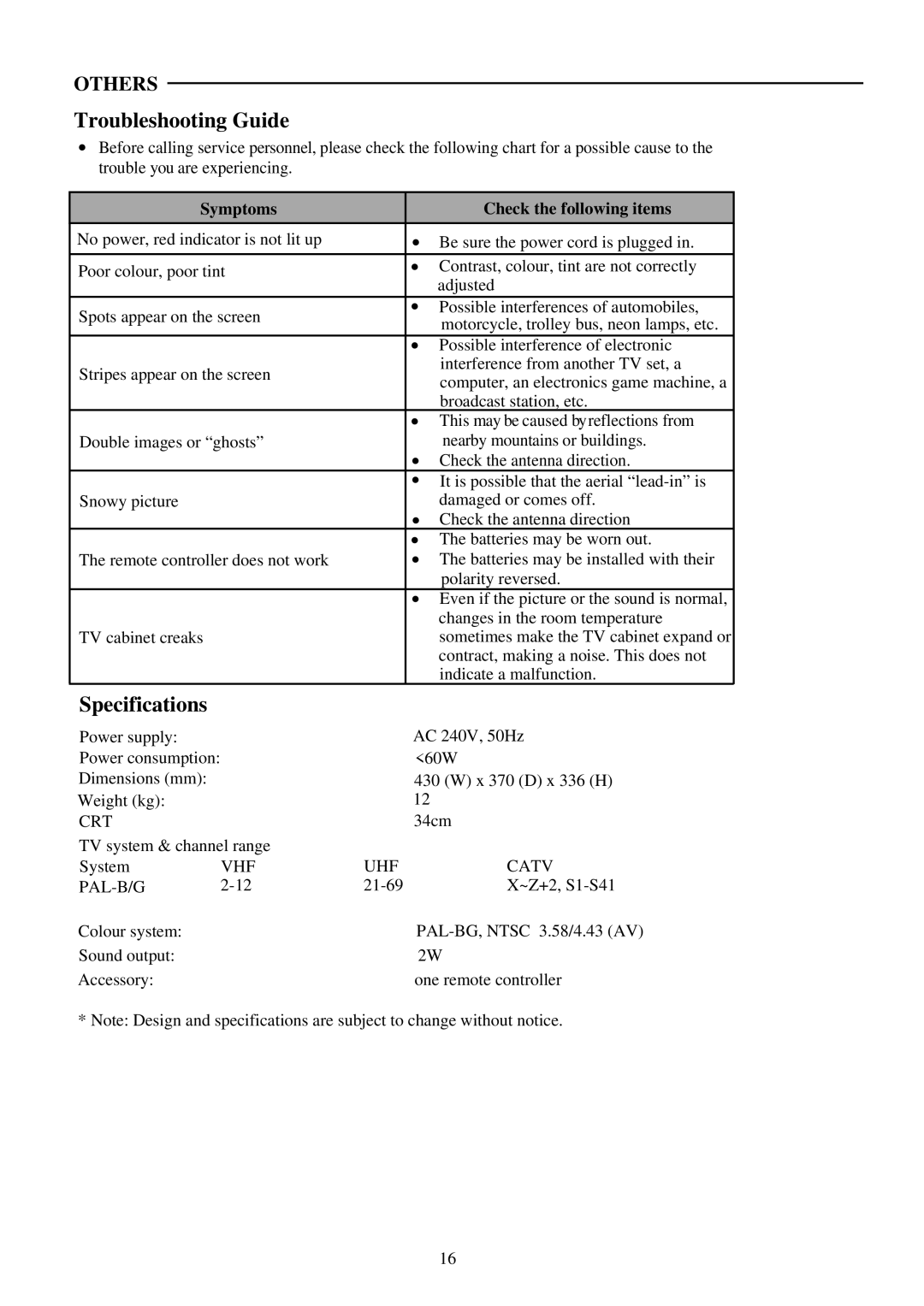 Palsonic 3410P owner manual Troubleshooting Guide, Specifications, Symptoms Check the following items 