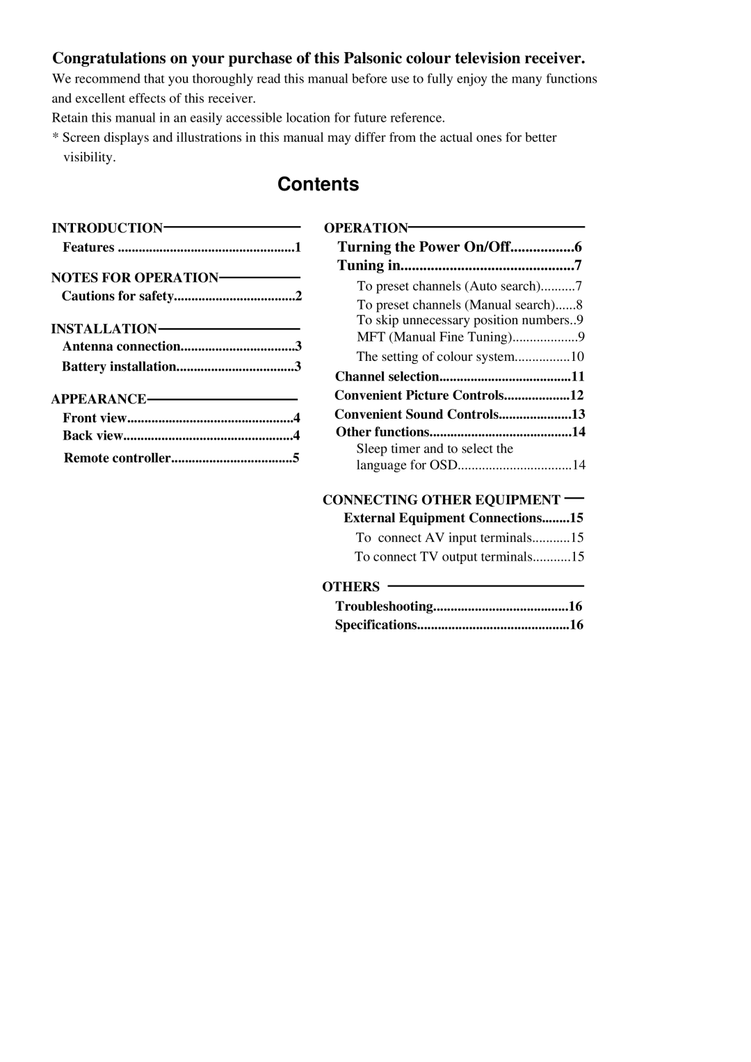 Palsonic 3410P owner manual Contents 