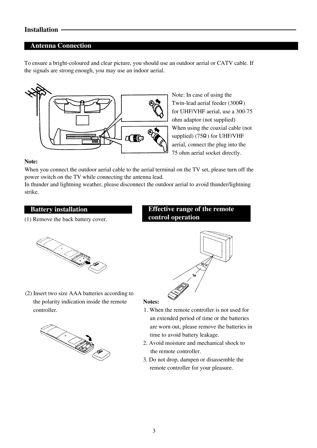 Palsonic 3410P owner manual Antenna Connection, Battery installation, Effective range of the remote control operation 