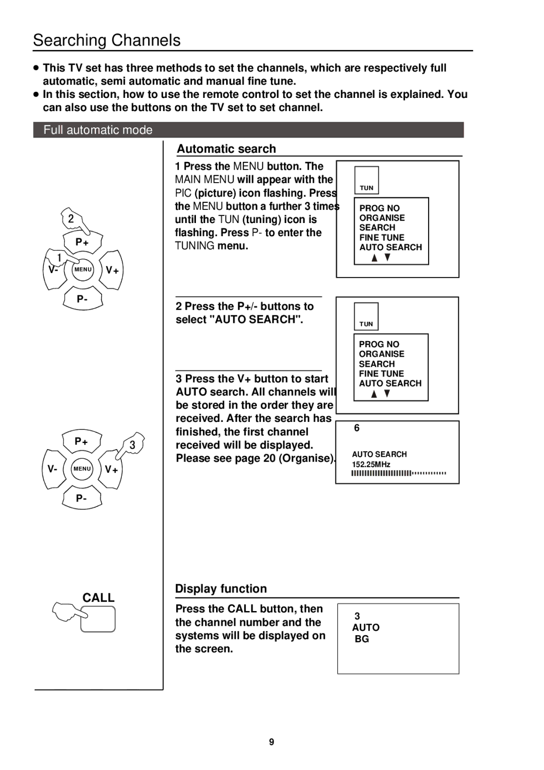 Palsonic 3415DVD user manual Searching Channels, Full automatic mode, Automatic search, Display function 
