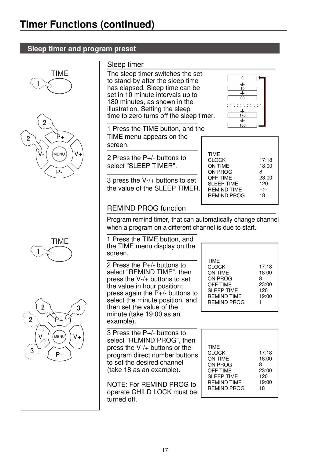 Palsonic 3415DVD user manual Timer Functions, Sleep timer and program preset, Remind Prog function 