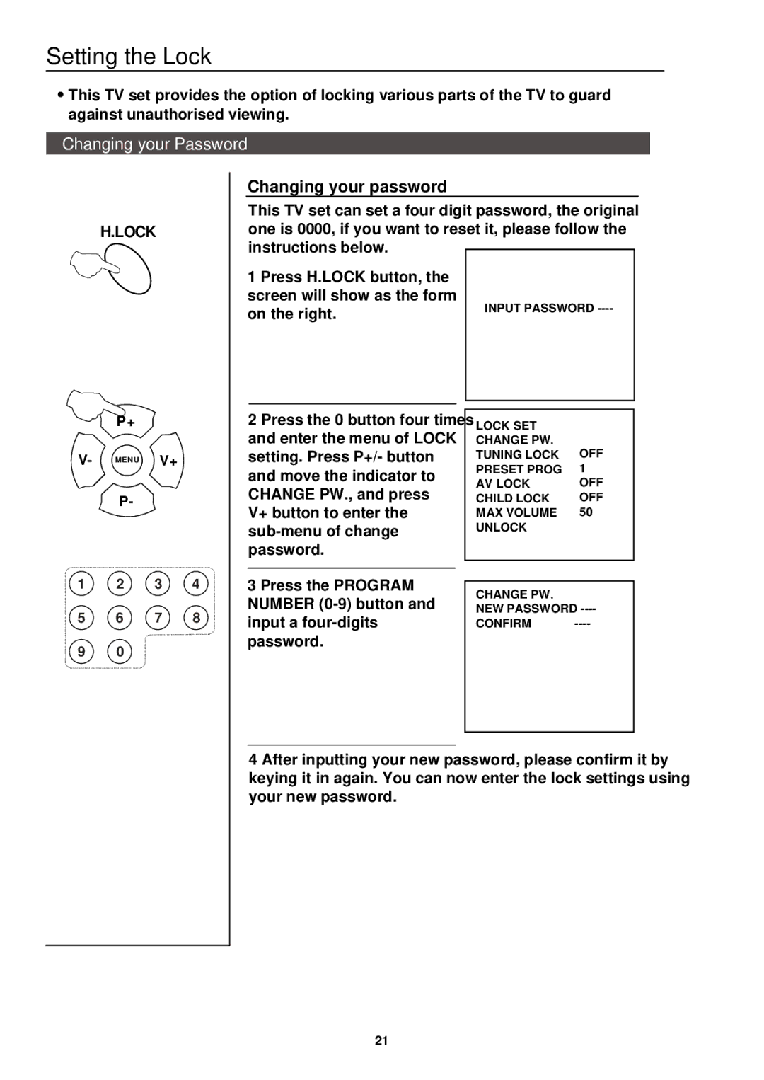 Palsonic 3415DVD user manual Setting the Lock, Changing your Password, Changing your password 