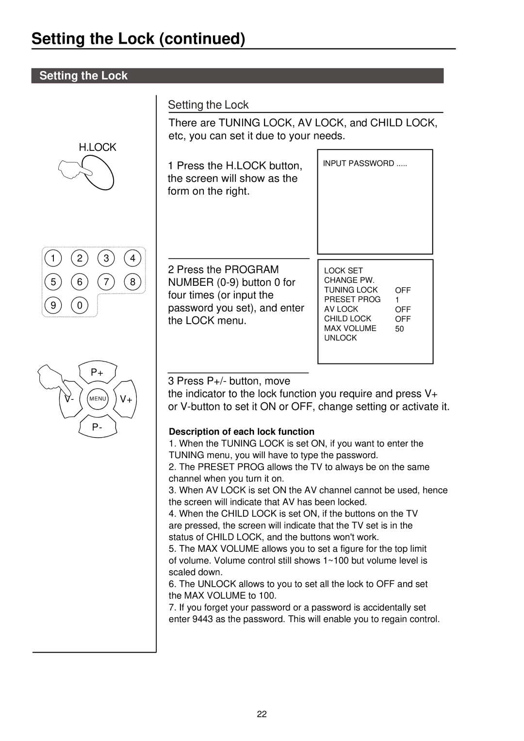 Palsonic 3415DVD user manual Setting the Lock 