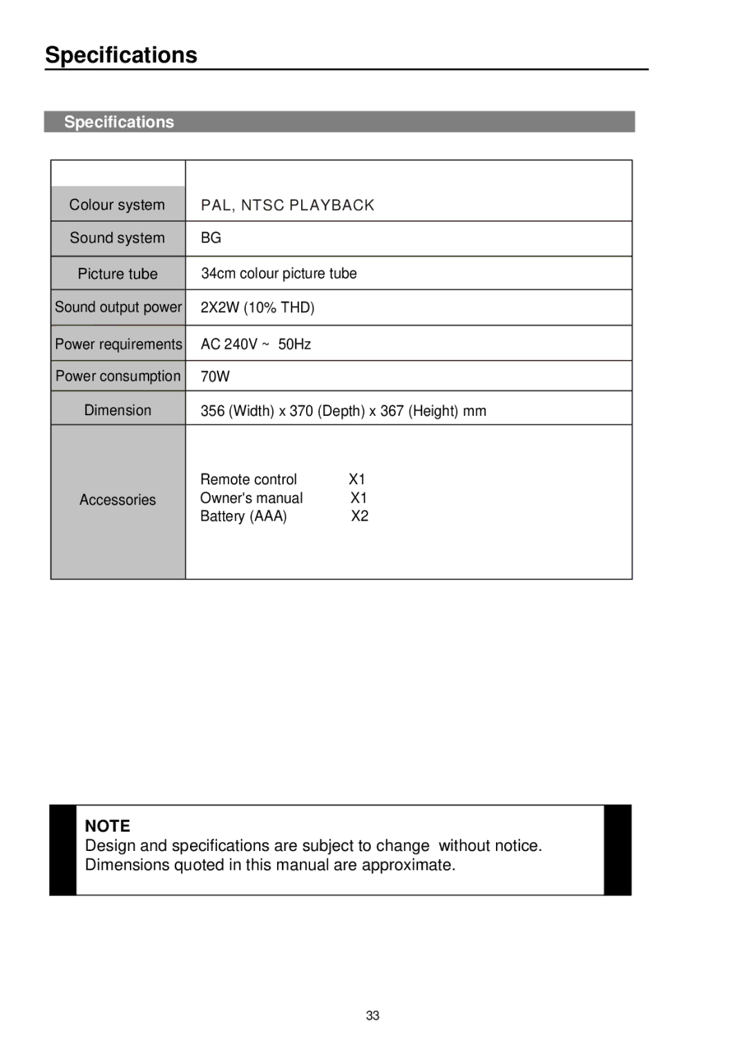 Palsonic 3415DVD user manual Specifications 