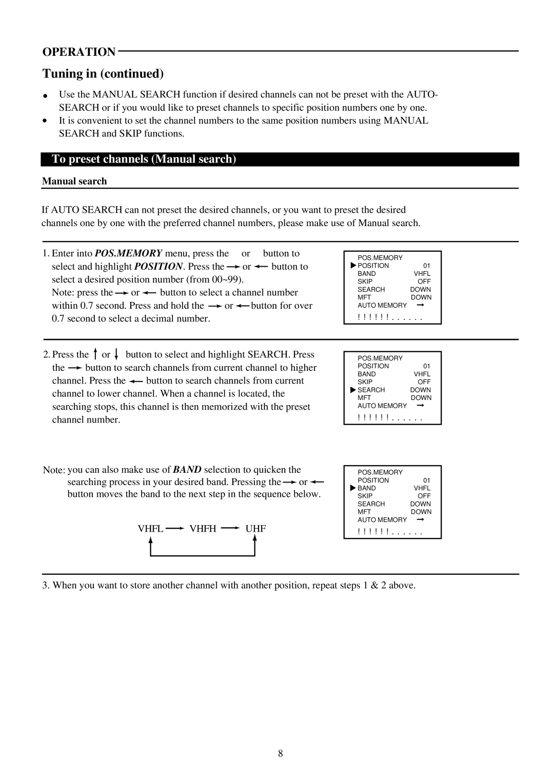 Palsonic 3420S, 3420G, 3420B owner manual To preset channels Manual search 