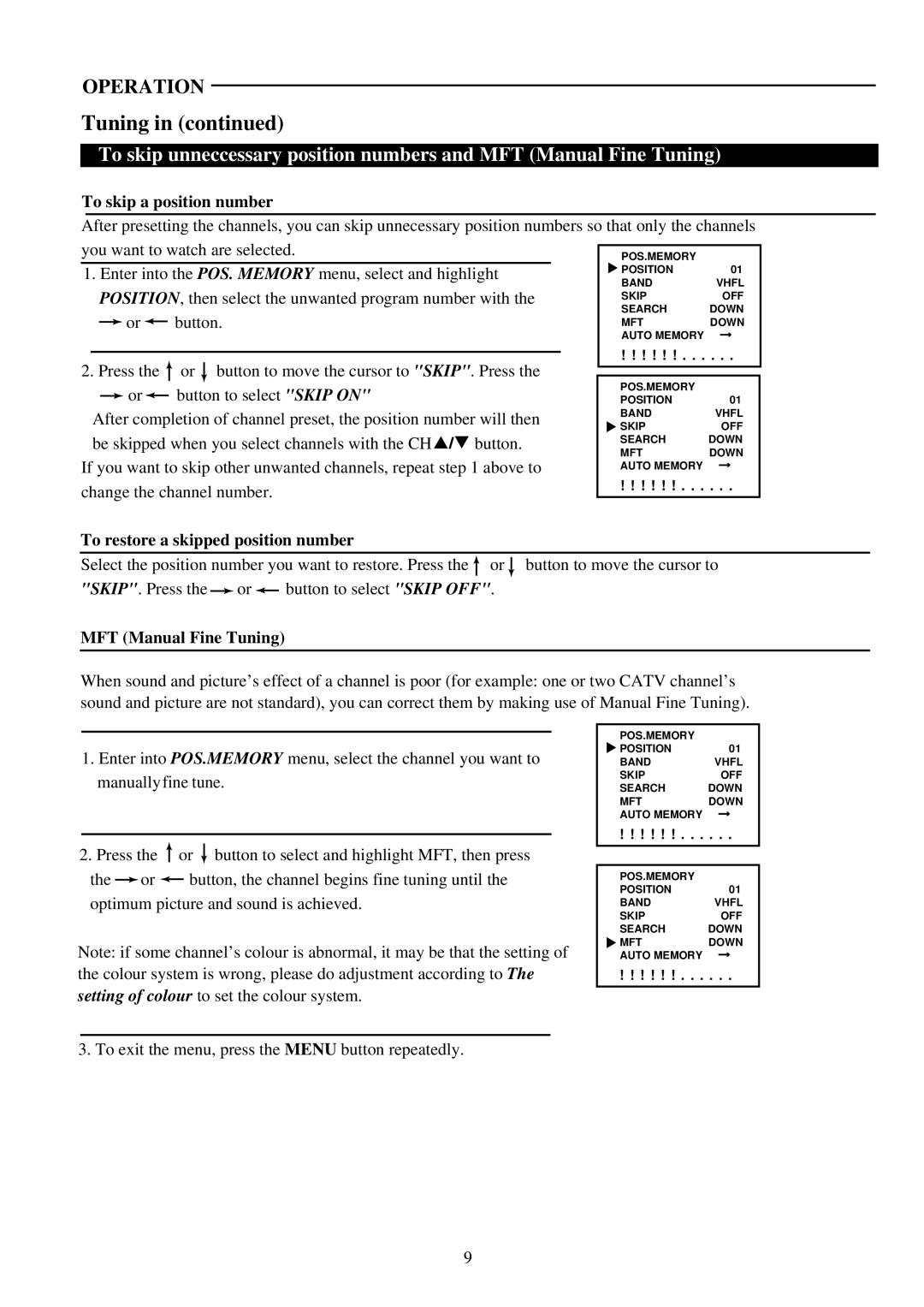 Palsonic 3420B, 3420G, 3420S To skip a position number, To restore a skipped position number, MFT Manual Fine Tuning 