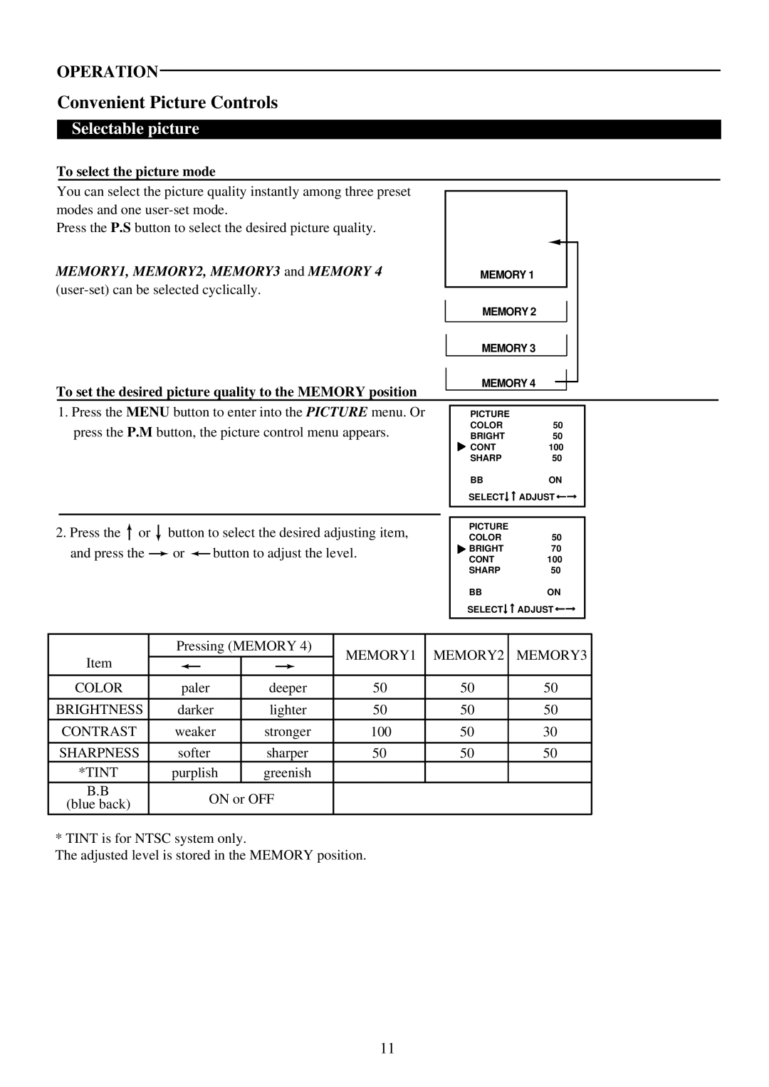 Palsonic 3420S, 3420G, 3420B owner manual Convenient Picture Controls, Selectable picture, To select the picture mode 