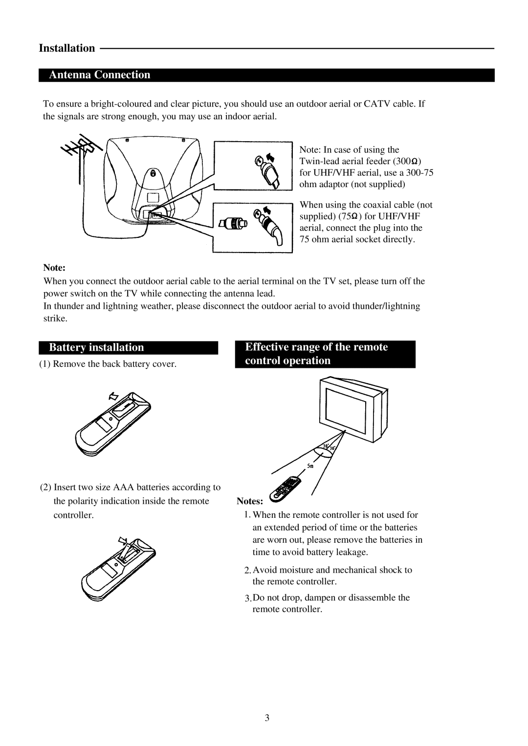 Palsonic 3420B, 3420G, 3420S Antenna Connection, Battery installation, Effective range of the remote control operation 