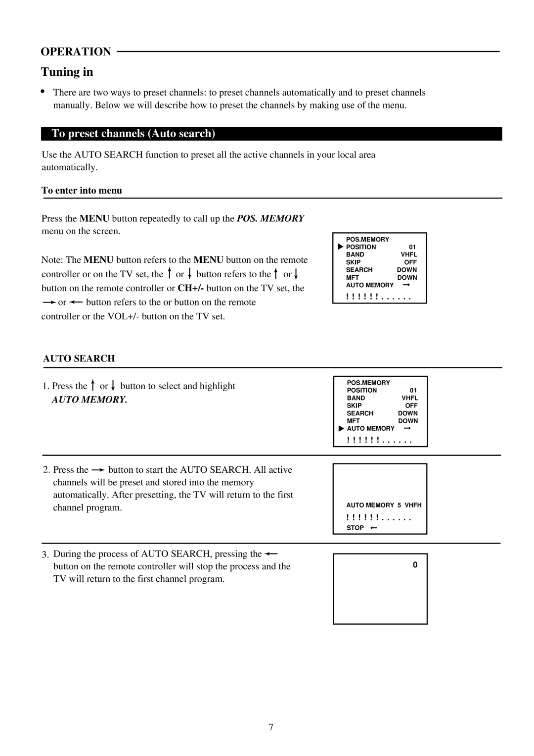 Palsonic 3420G, 3420S, 3420B owner manual Tuning, To preset channels Auto search 