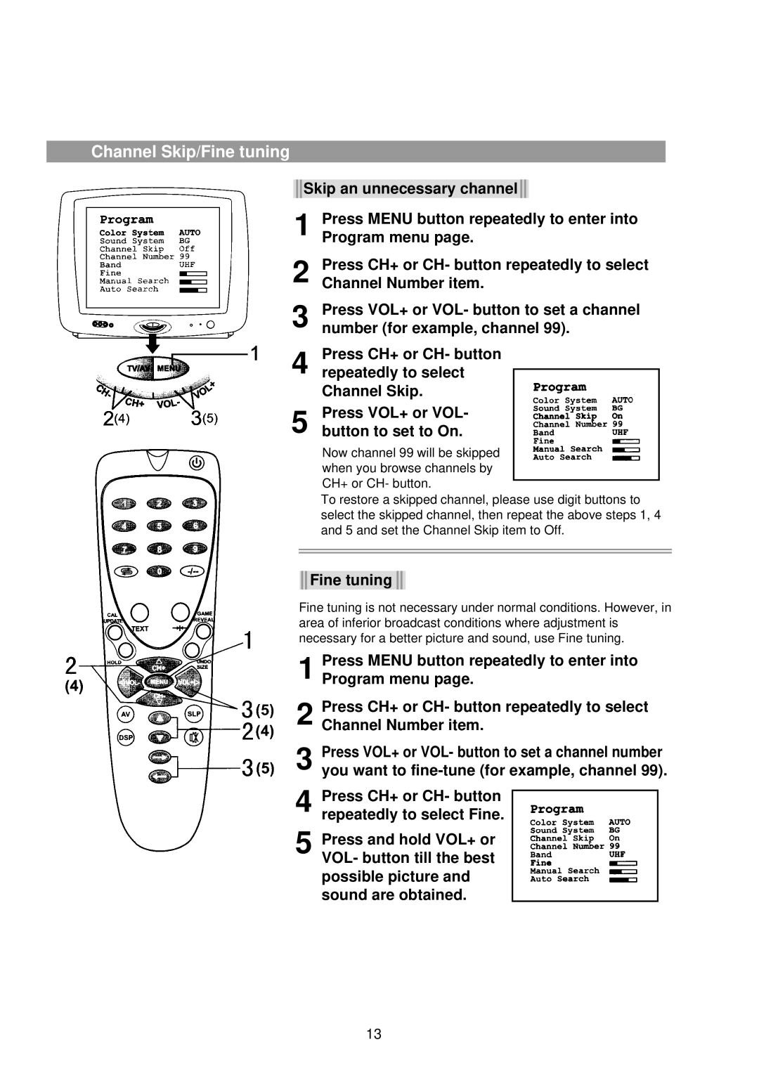 Palsonic 3425G owner manual Channel Skip/Fine tuning 