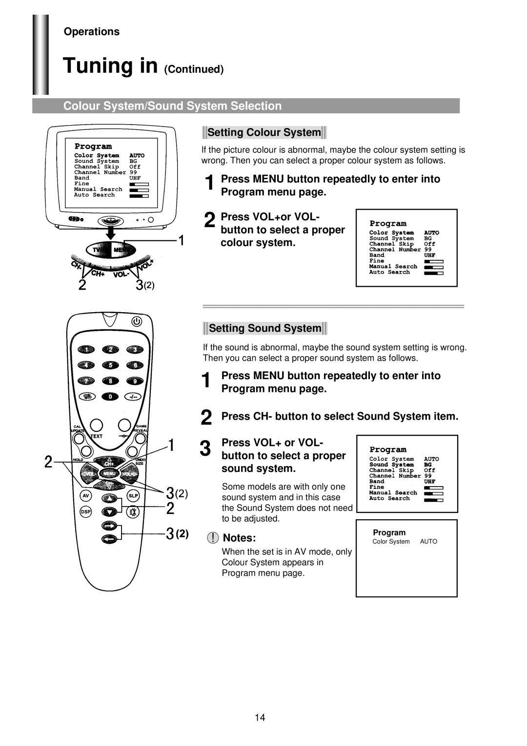 Palsonic 3425G owner manual Colour System/Sound System Selection, Operations Tuning, Setting Colour System 