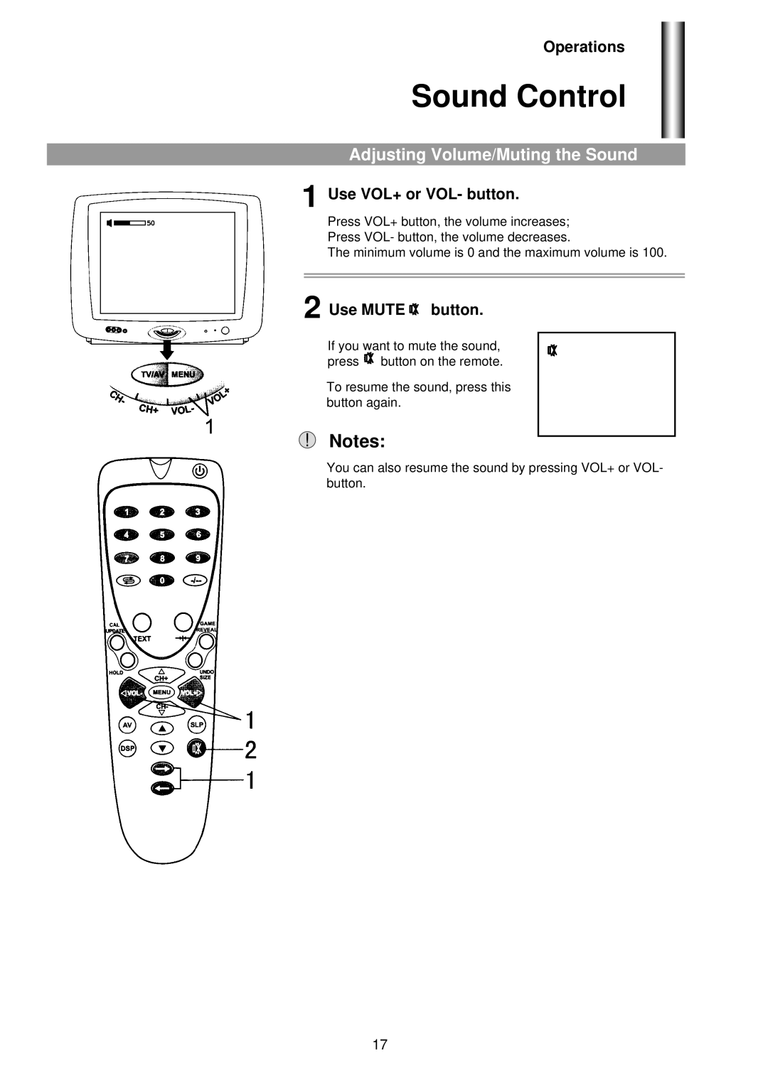 Palsonic 3425G owner manual Sound Control, Adjusting Volume/Muting the Sound, Use VOL+ or VOL- button, Use Mute button 