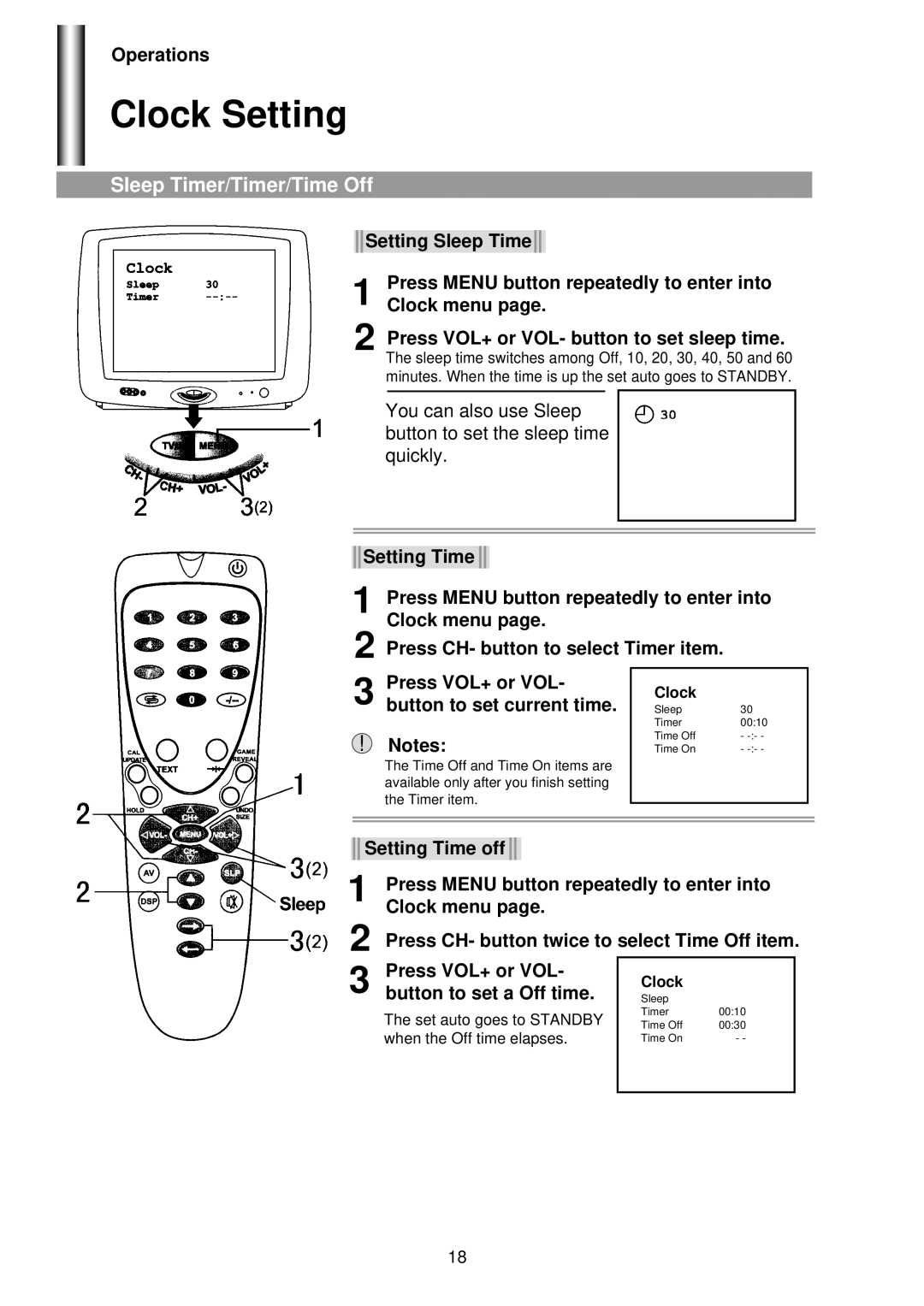 Palsonic 3425G owner manual Clock Setting, Sleep Timer/Timer/Time Off, Button to set current time, Button to set a Off time 