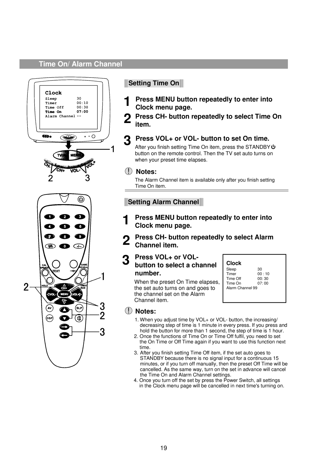 Palsonic 3425G owner manual Time On/ Alarm Channel 