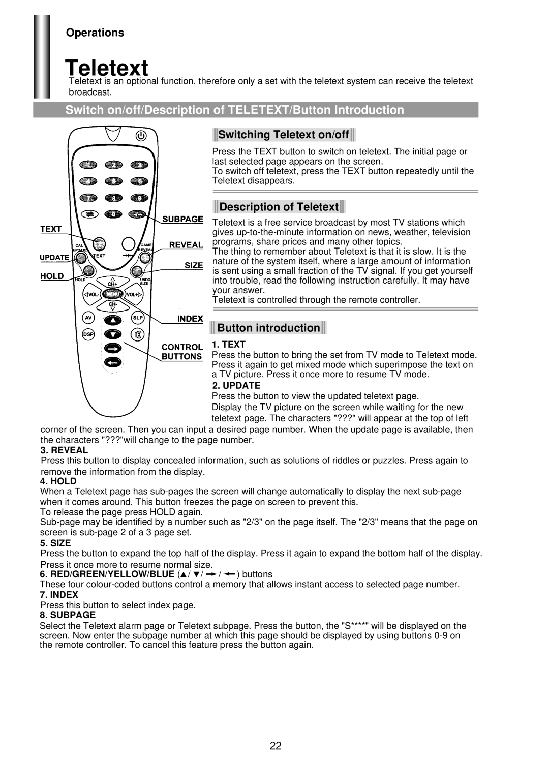 Palsonic 3425G owner manual Switch on/off/Description of TELETEXT/Button Introduction, Switching Teletext on/off 